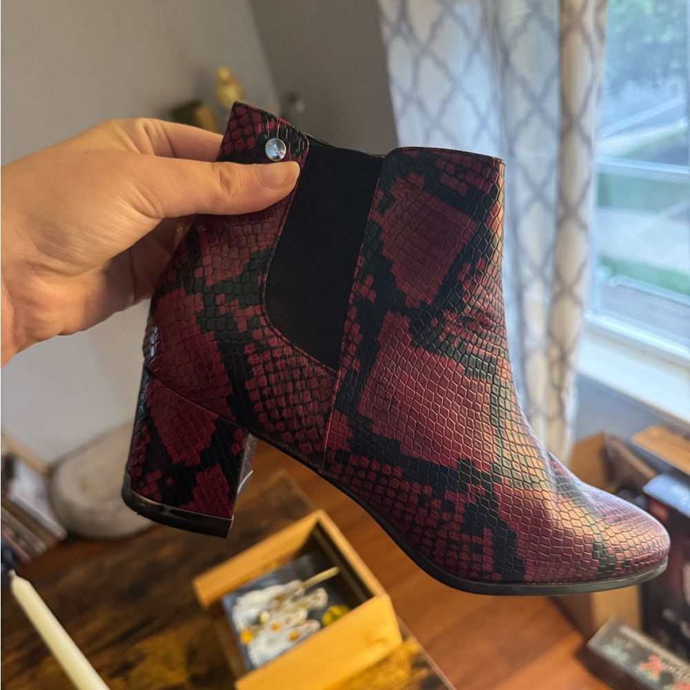 Calvin Klein Red and Black Snake Print Ankle Boots